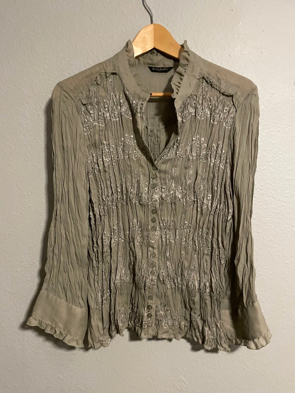 Vintage Womens Top Medium Green Rayon Floral Lace Trim Romantic Fairy 90s Y2K